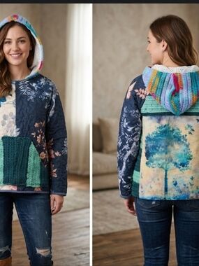 Upcycled Quilt Afghan Hoodie S-L Tree Original Handmade Dont Throw It Out